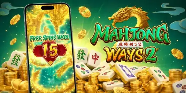 Mahjong Ways 2 mobile screen showing 15 free spins won, surrounded by mahjong tiles and gold coins